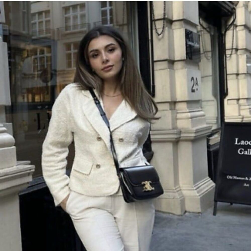 Zara textured tweed cream gold accents blazer L